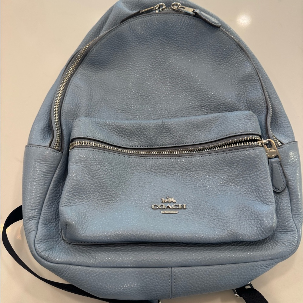 Coach Light Blue Pebbled Leather Backpack with Silver Hardware
